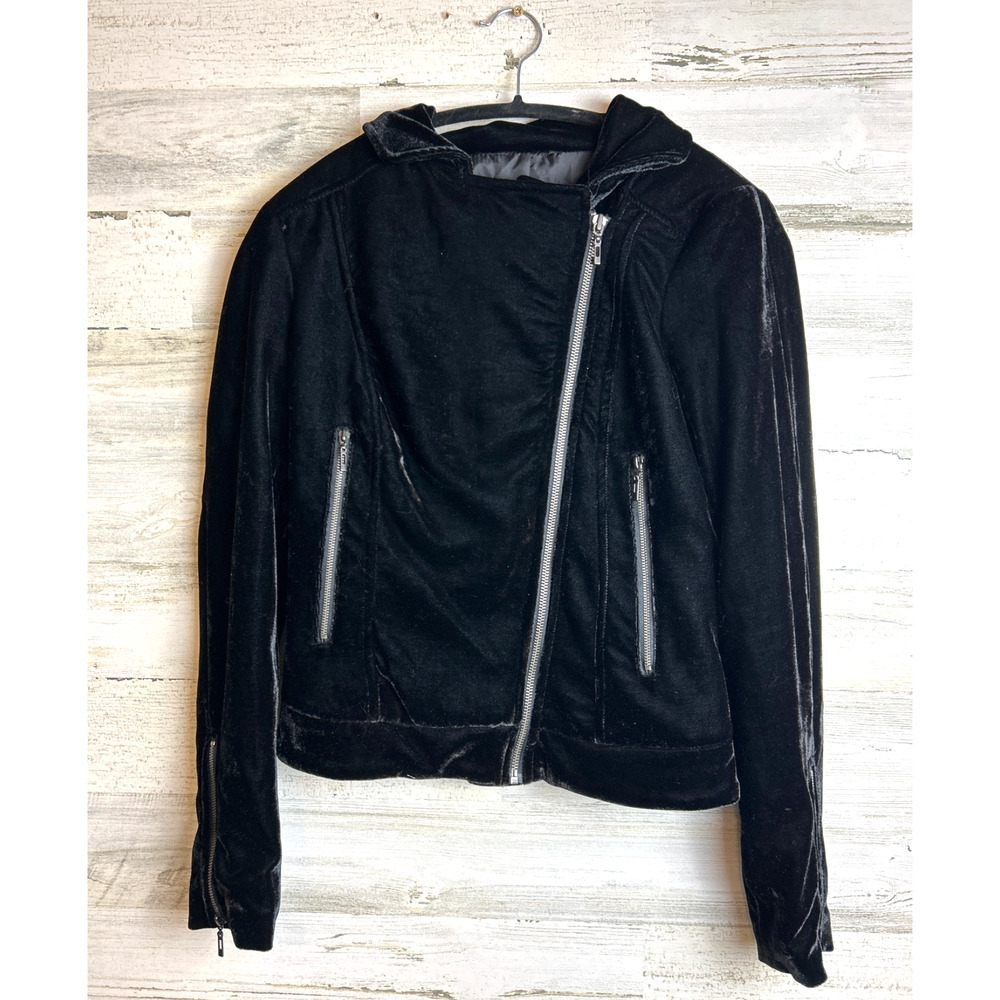 Mango MNG Womens XS Black Velvet Moto Biker Zip Designer Long Sleeve Jacket